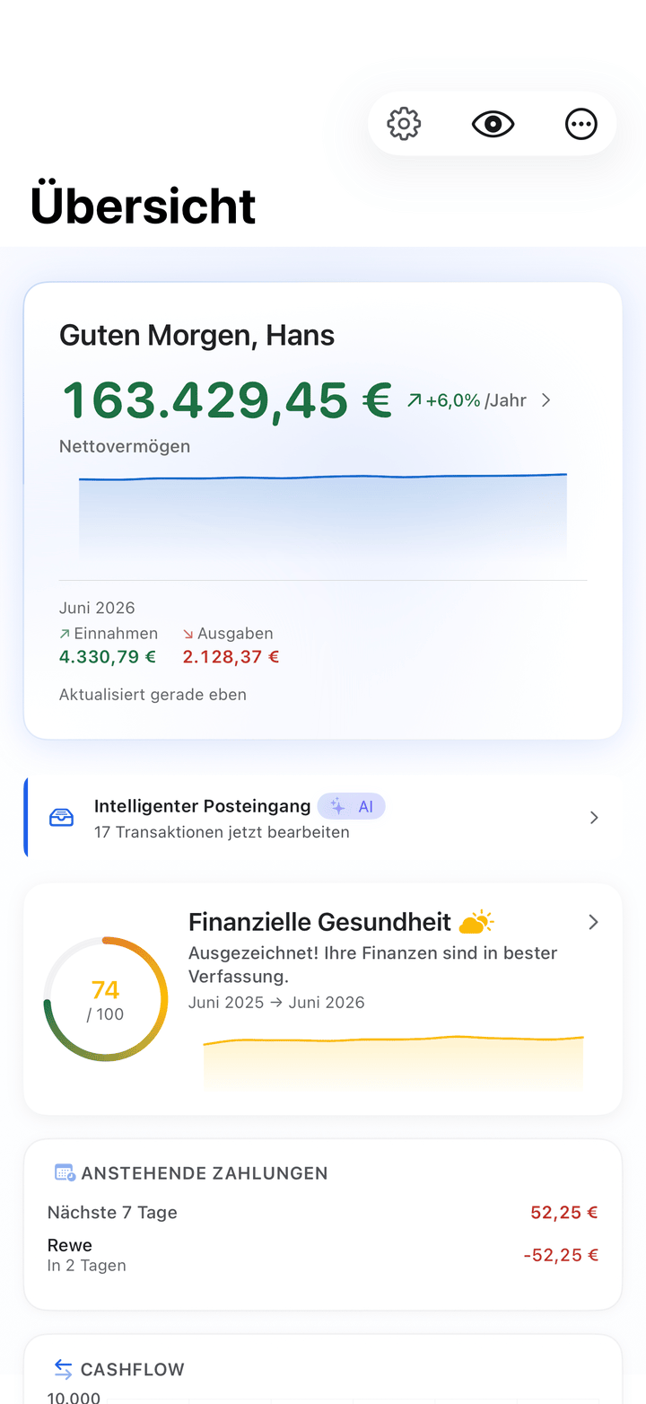 Net worth and monthly cash flow dashboard on iPhone