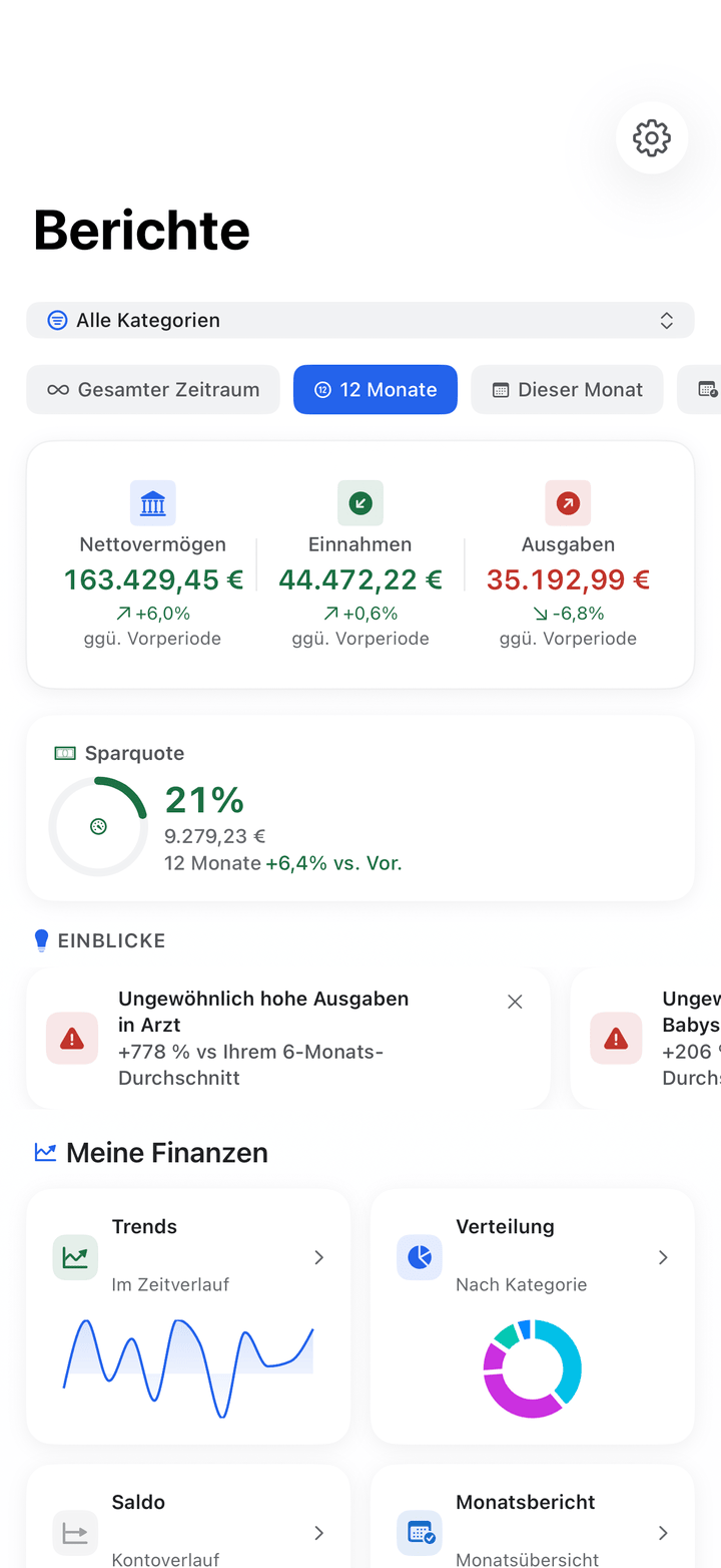 Reports with financial health score and spending trends on iPhone