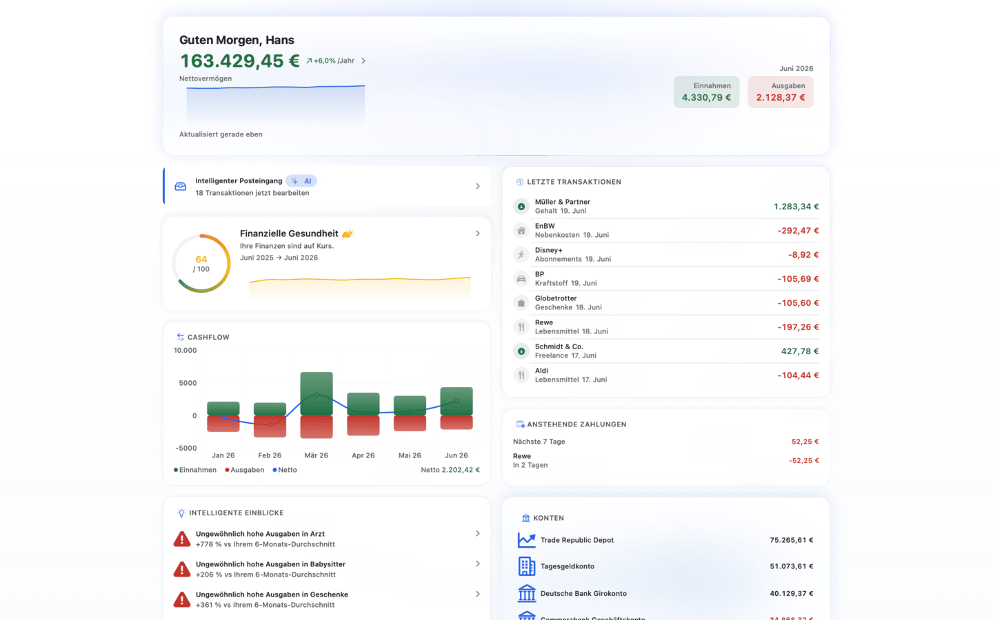 HomeBank on Mac — net worth dashboard with monthly cash flow