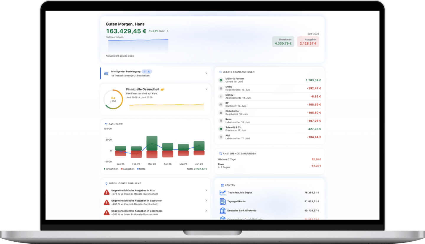 Net worth dashboard with monthly cash flow and upcoming payments on Mac
