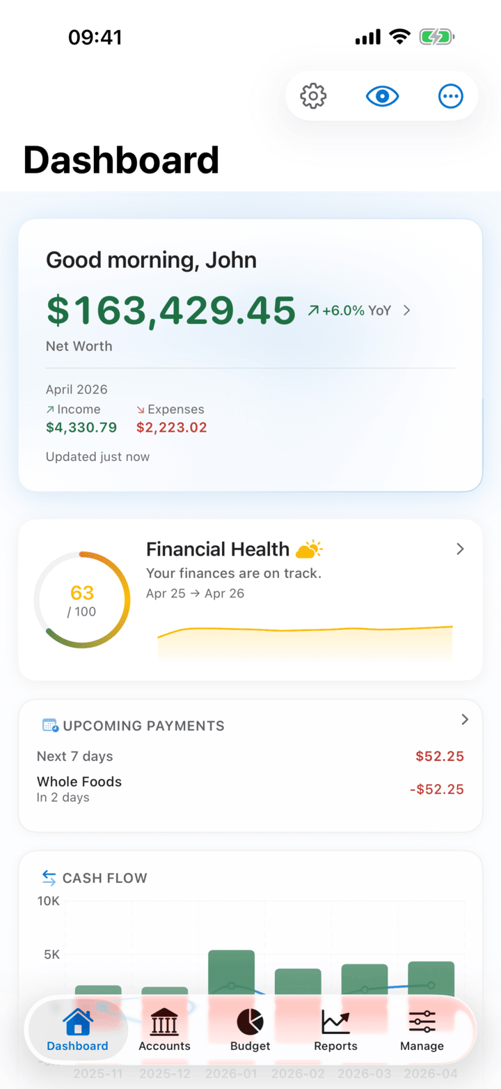 Net worth and monthly cash flow dashboard on iPhone