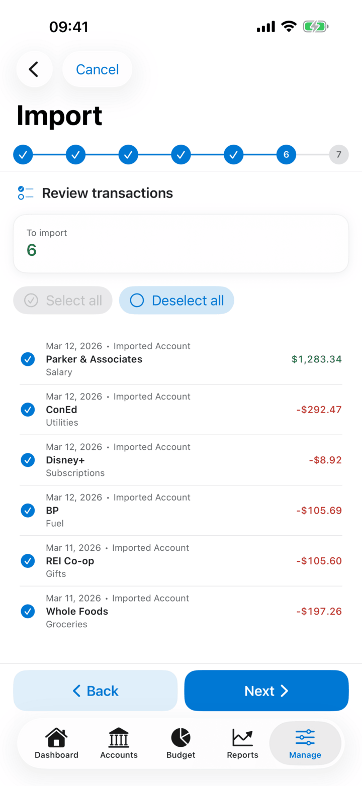 Import wizard for CSV, QIF, OFX and bank files on iPhone