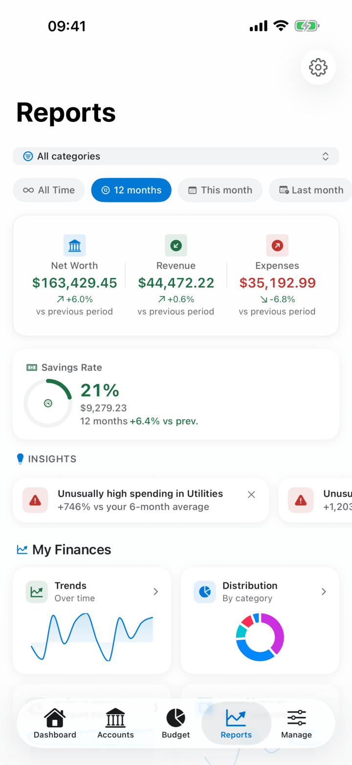 Reports with financial health score and spending trends on iPhone