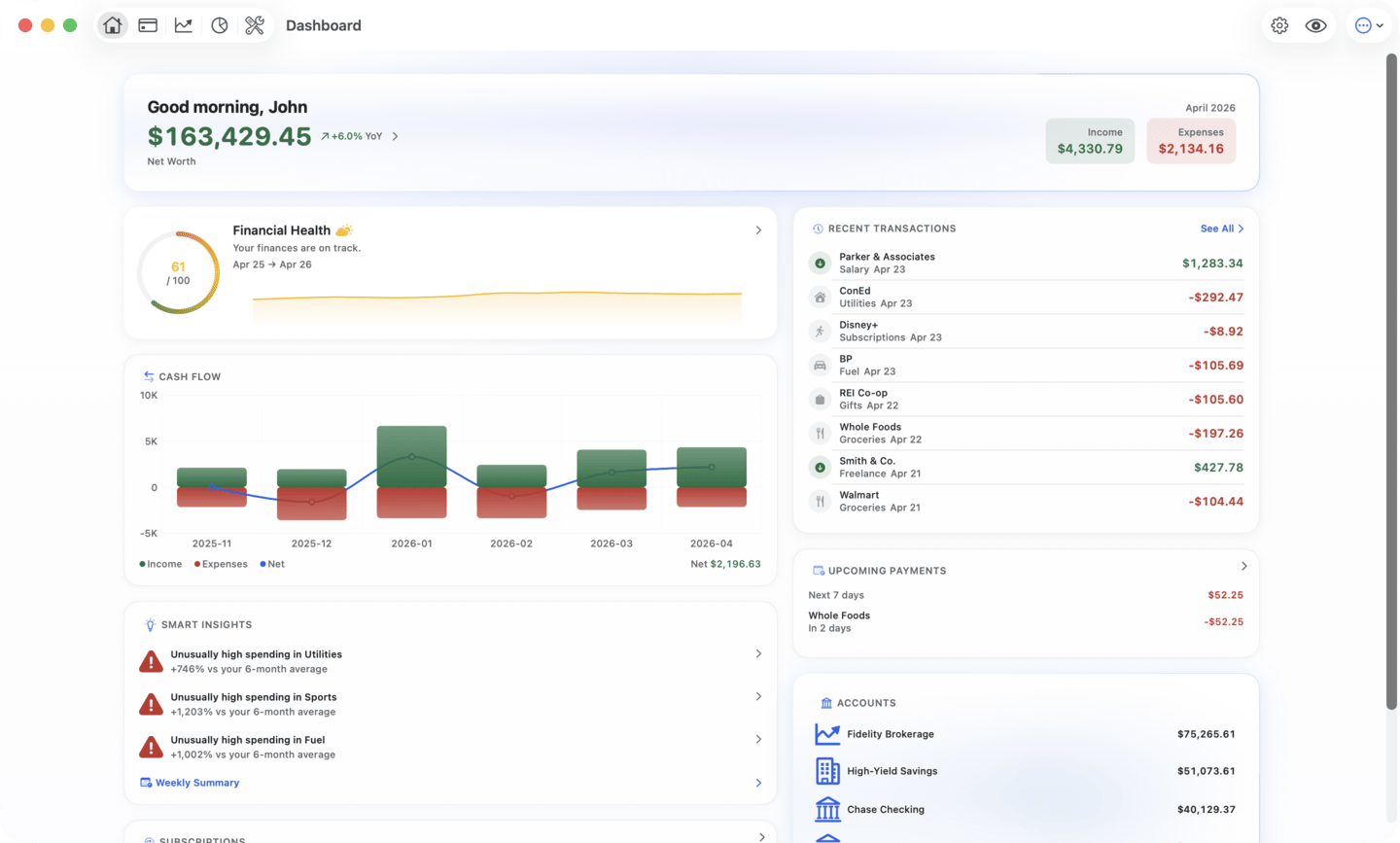 HomeBank on Mac — net worth dashboard with monthly cash flow
