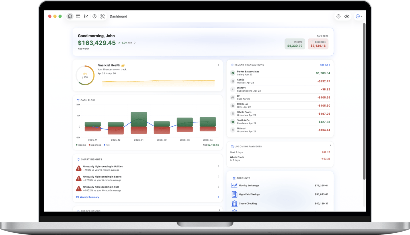 Net worth dashboard with monthly cash flow and upcoming payments on Mac