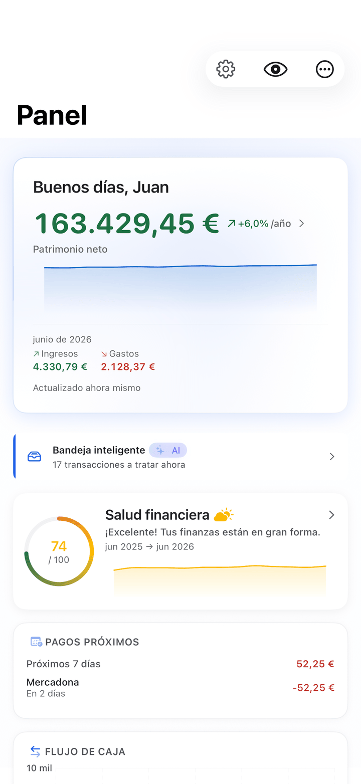 Net worth and monthly cash flow dashboard on iPhone