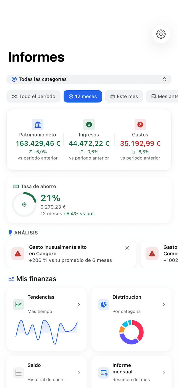 Reports with financial health score and spending trends on iPhone