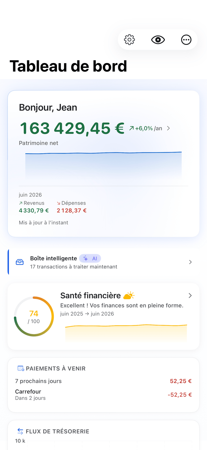 Net worth and monthly cash flow dashboard on iPhone