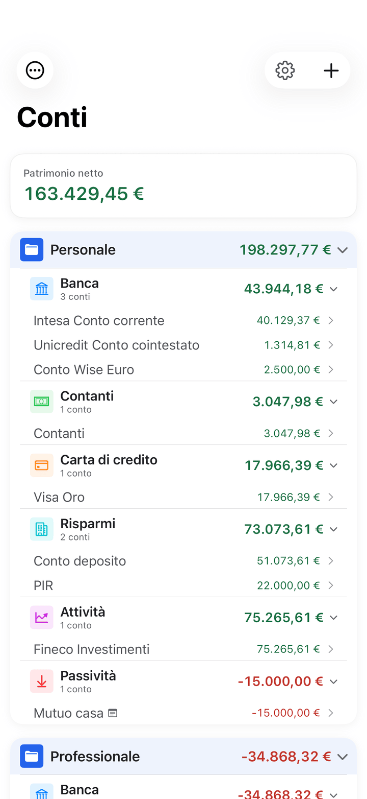 Account list with balances and transactions on iPhone