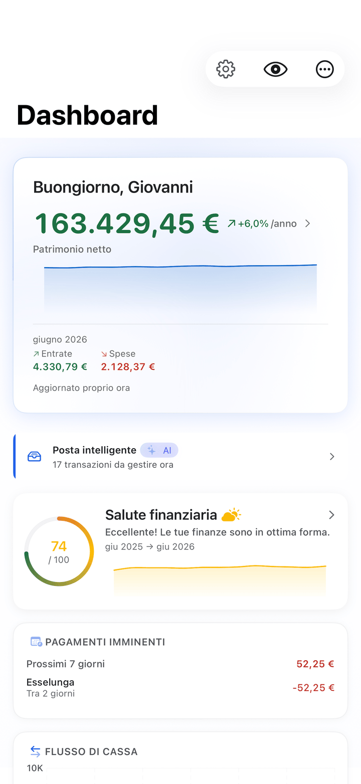 Net worth and monthly cash flow dashboard on iPhone