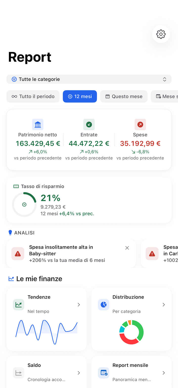 Reports with financial health score and spending trends on iPhone