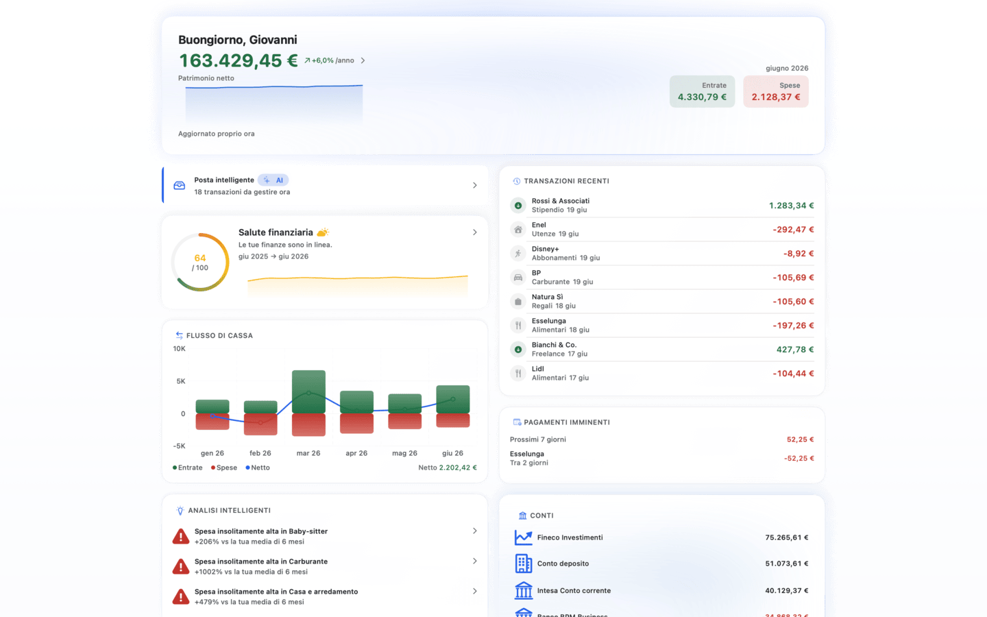 HomeBank on Mac — net worth dashboard with monthly cash flow