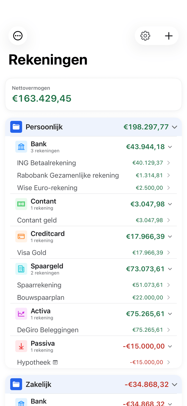 Account list with balances and transactions on iPhone