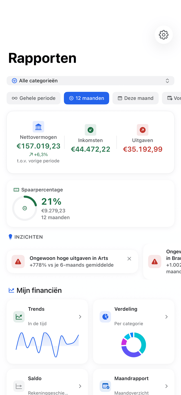 Reports with financial health score and spending trends on iPhone