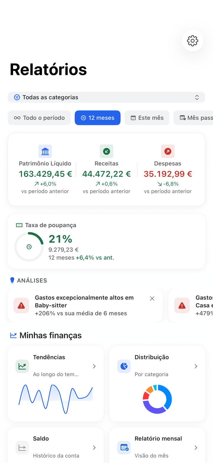 Reports with financial health score and spending trends on iPhone