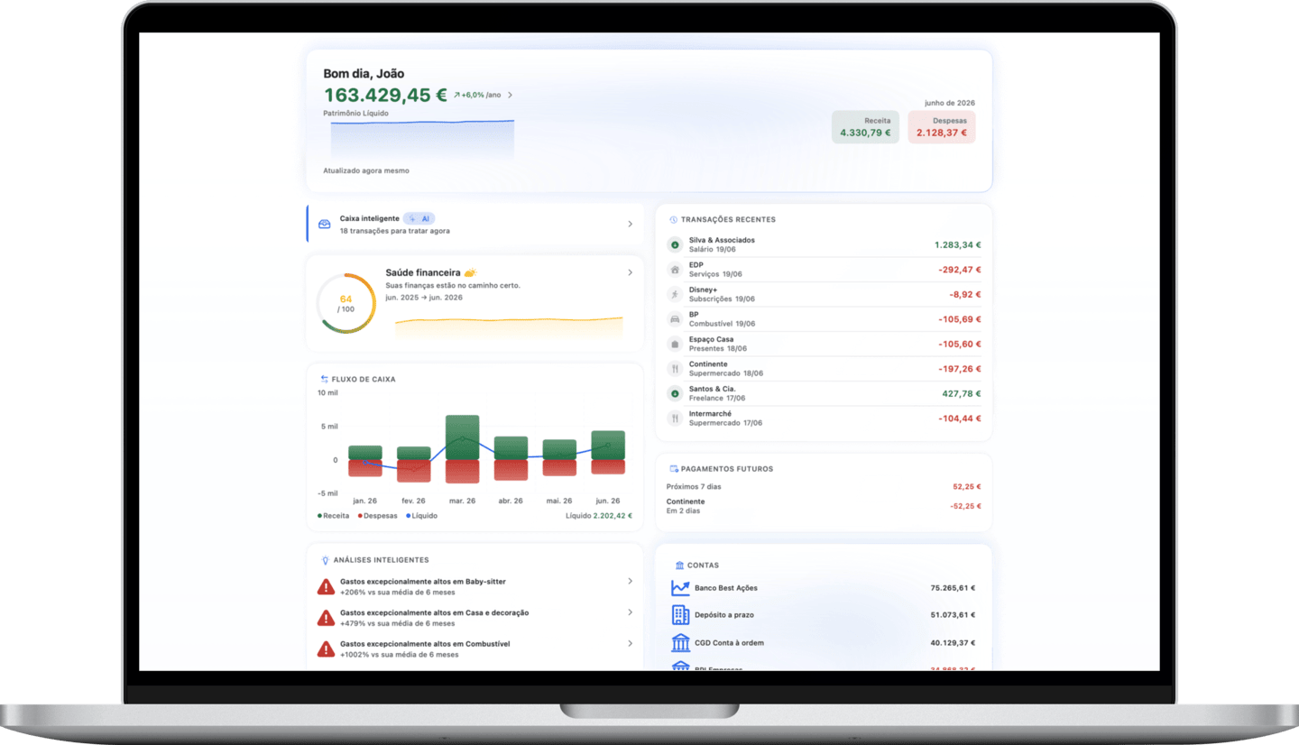 Net worth dashboard with monthly cash flow and upcoming payments on Mac